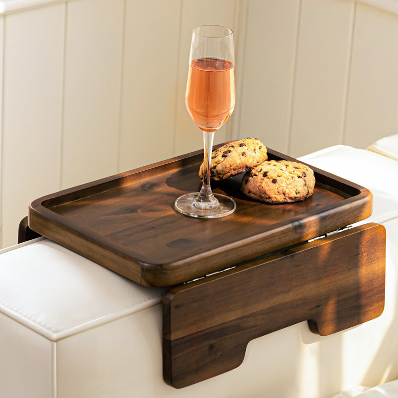 Acacia Wood Sofa Armrest Tray - Double Hinge Sofa Arm Tray Table Clip, Dark Brown, 13.75"L x 9.5"W