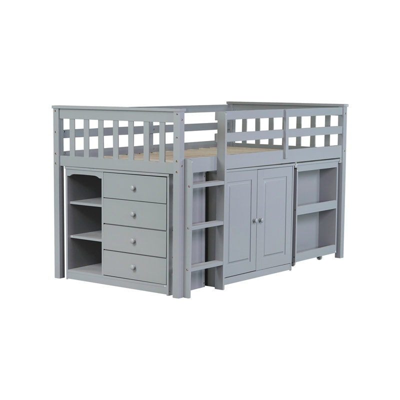 Lit mezzanine simple avec armoire de rangement, armoire à tiroirs et à tablettes et bureau coulissant, lit mezzanine en bois d'hévéa avec barrière de sécurité, échelle