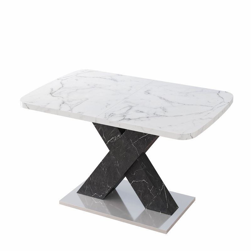 Hine Modern Dining Table Extendable Dining Table Faux Marble Table Top Ktichen Table, White Mable, Black