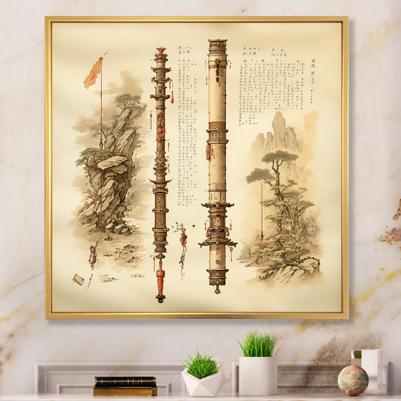 «China Scrolls Of Antiquity III», art mural chinois, Cadre flottant doré, H 16 po x l 16 po x P 1 po