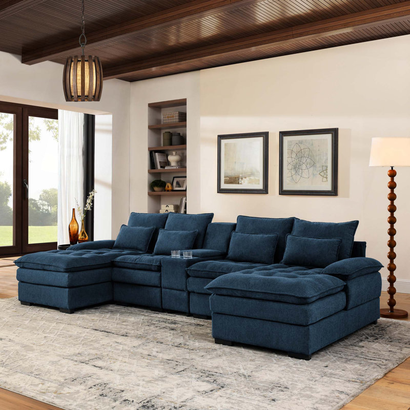 130"  U-shaped Sofa with Console,Cupholders,6-seat Upholstered primary living space Furniture,Sleeper Couch Set with Chaise for Living Room,Apartment