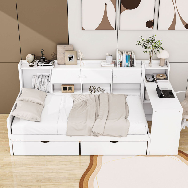 2 Drawers Wood Daybed with Built-in-Desk and Bookcase, Twin, White