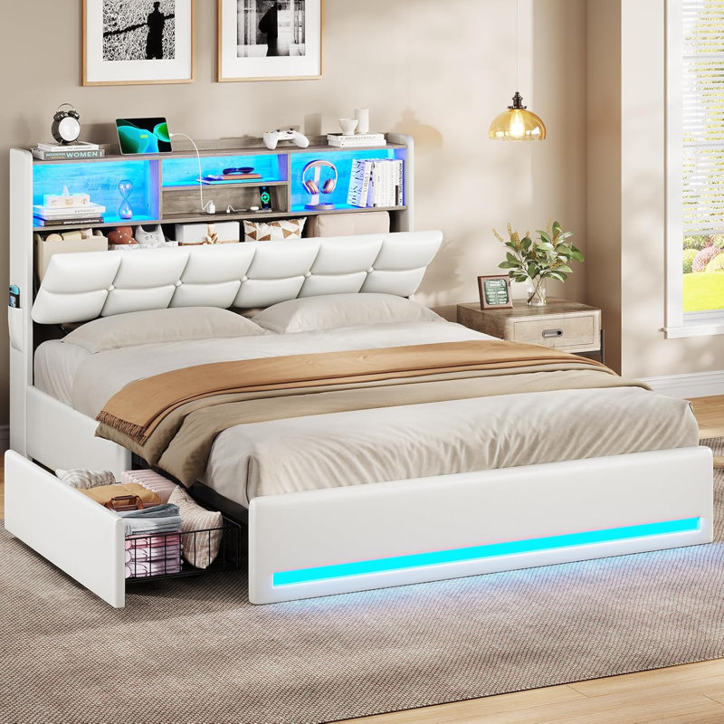 LED Upholstered Platform Storage Bed with Charging Station, White, Full