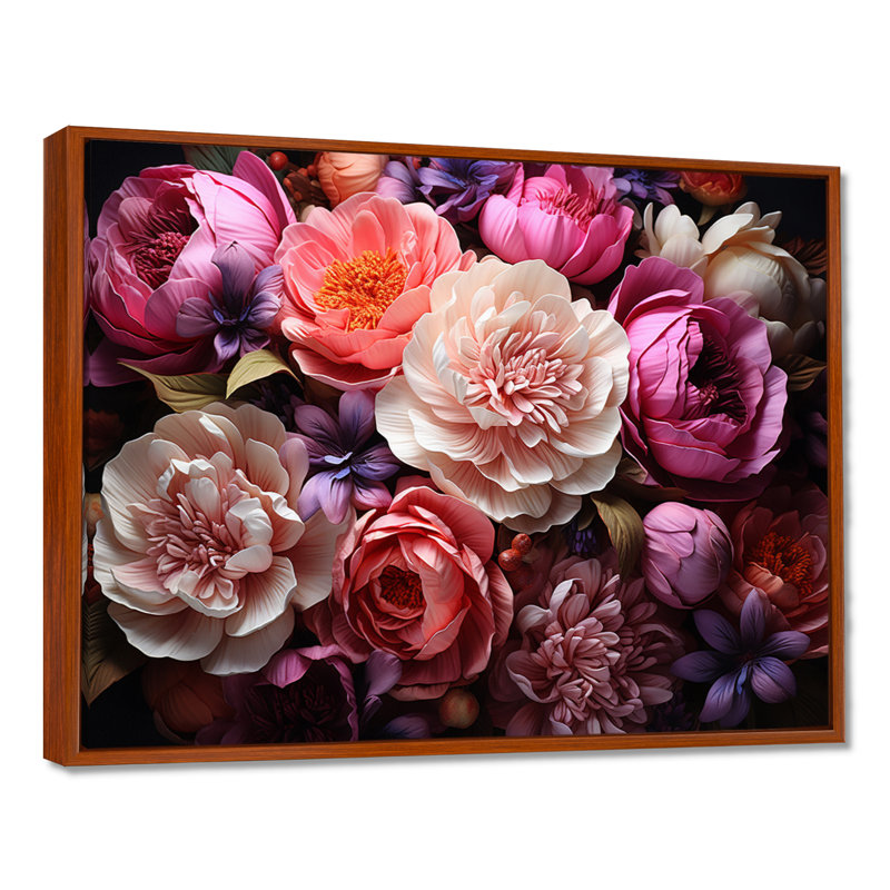 Art asiatique, pivoines en rose IV - Art mural encadré, art asiatique, Cadre flottant brun, 30" H x 40" W