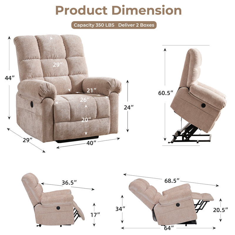 Oversized Power Lift Recliner Chair with Massage and Heat for Elderly, 26" Extra Wide Lift Chair for Big and Tall, Chenille Electric Lift Recliner with Overstuffed Backrest, USB Port
