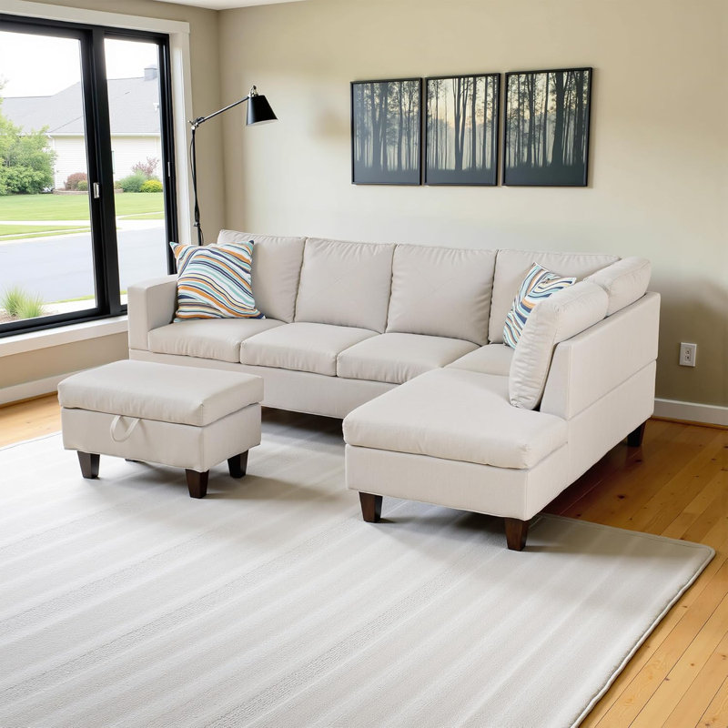 3-Piece Flannel Sectional Sofa, Right Hand Facing, Off -White Fabric