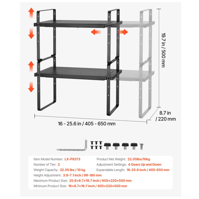 Organisateur de comptoir en fer extensible à 2 niveaux, étagère de rangement empilable moderne, organisateur polyvalent pour dortoir, cuisine, salle de bain et bureau, tablette réglable pour économiser de l'espace, noir