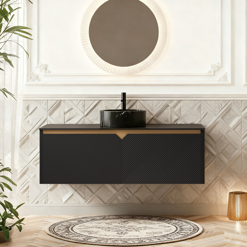 Ensemble de meuble-lavabo flottant avec lavabo mural 48 po RUBEN, Noir, 48", Noir