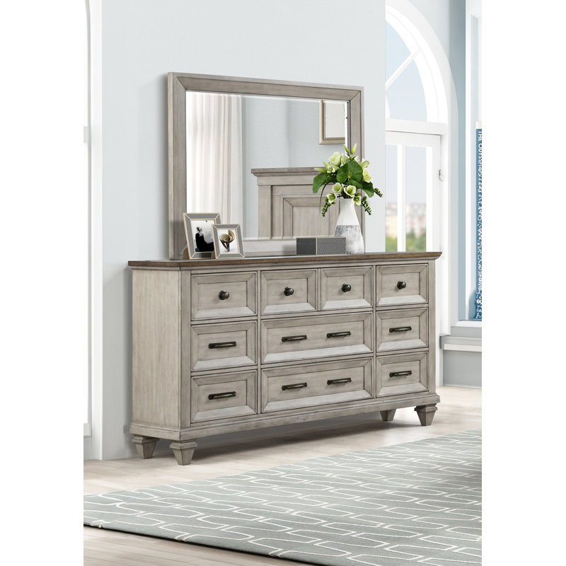 Mirabeau 9-Drawer 68" W Solid Wood Dresser with Mirror, Gray