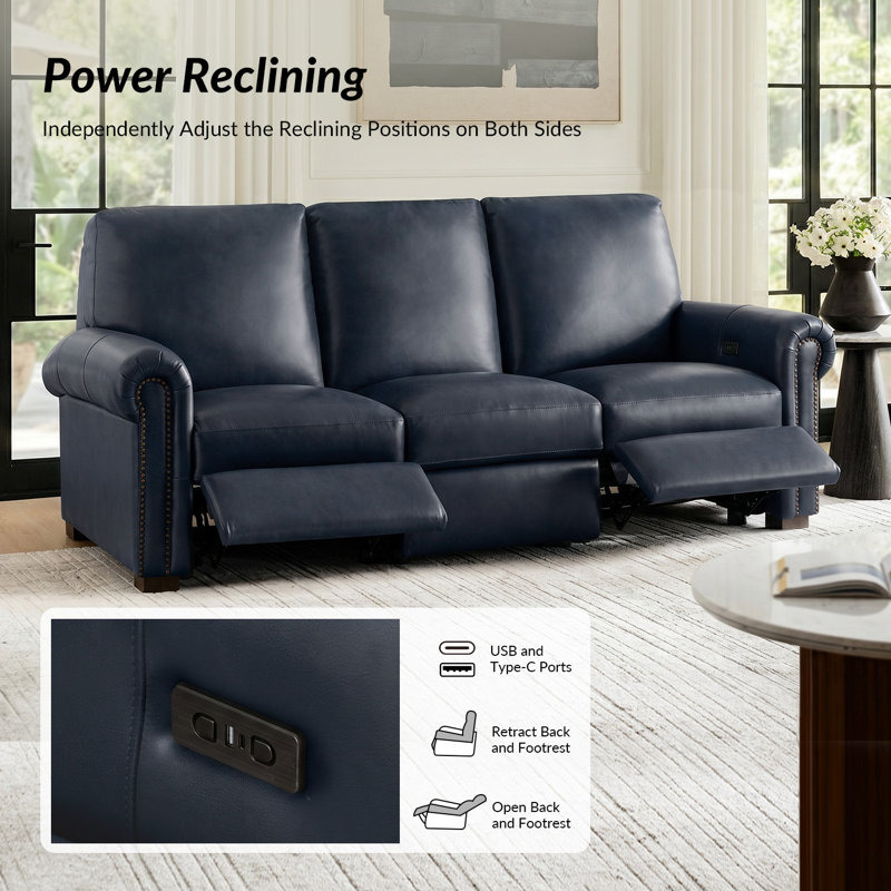 Igon 62.8" Traditional Down-Filled Genuine Leather Power Reclining Loveseat Sofa, Navy