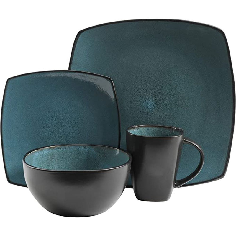 Teal and Black Square Porcelain Dinnerware Set, Service for 4