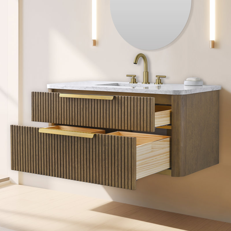 Liljan 42'' Wall-Mounted Single Bathroom Vanity, Aged Oak/Brushed Bronze