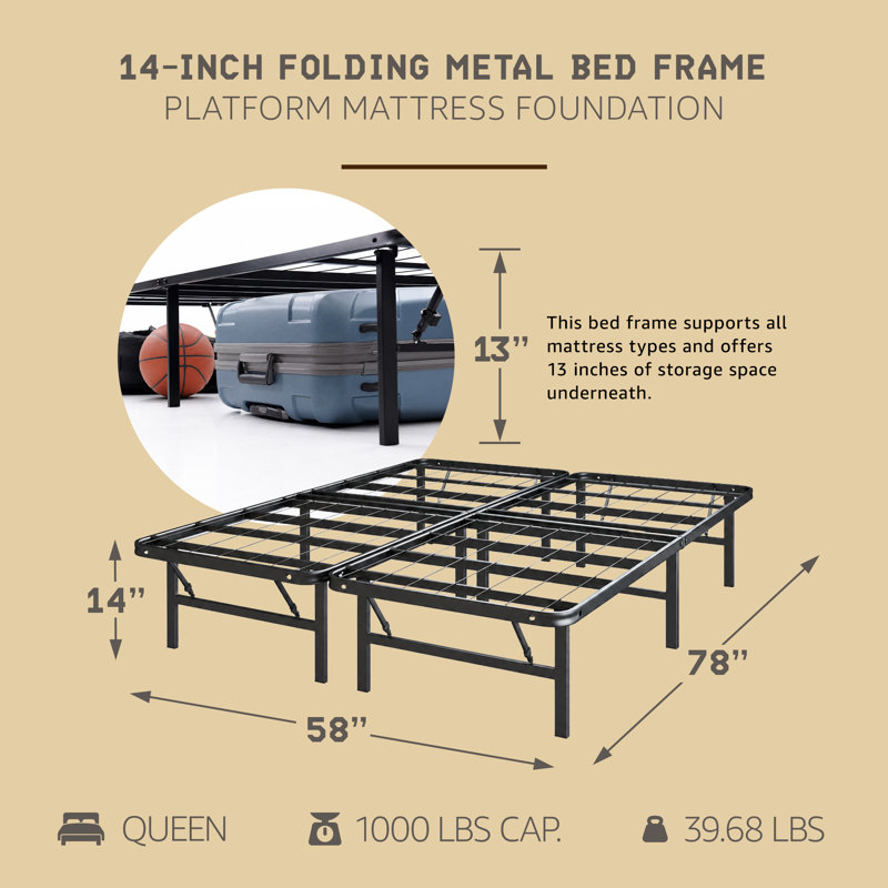  Folding Metal Bed Frame, 14 Inch Platform Mattress Foundation, , Queen