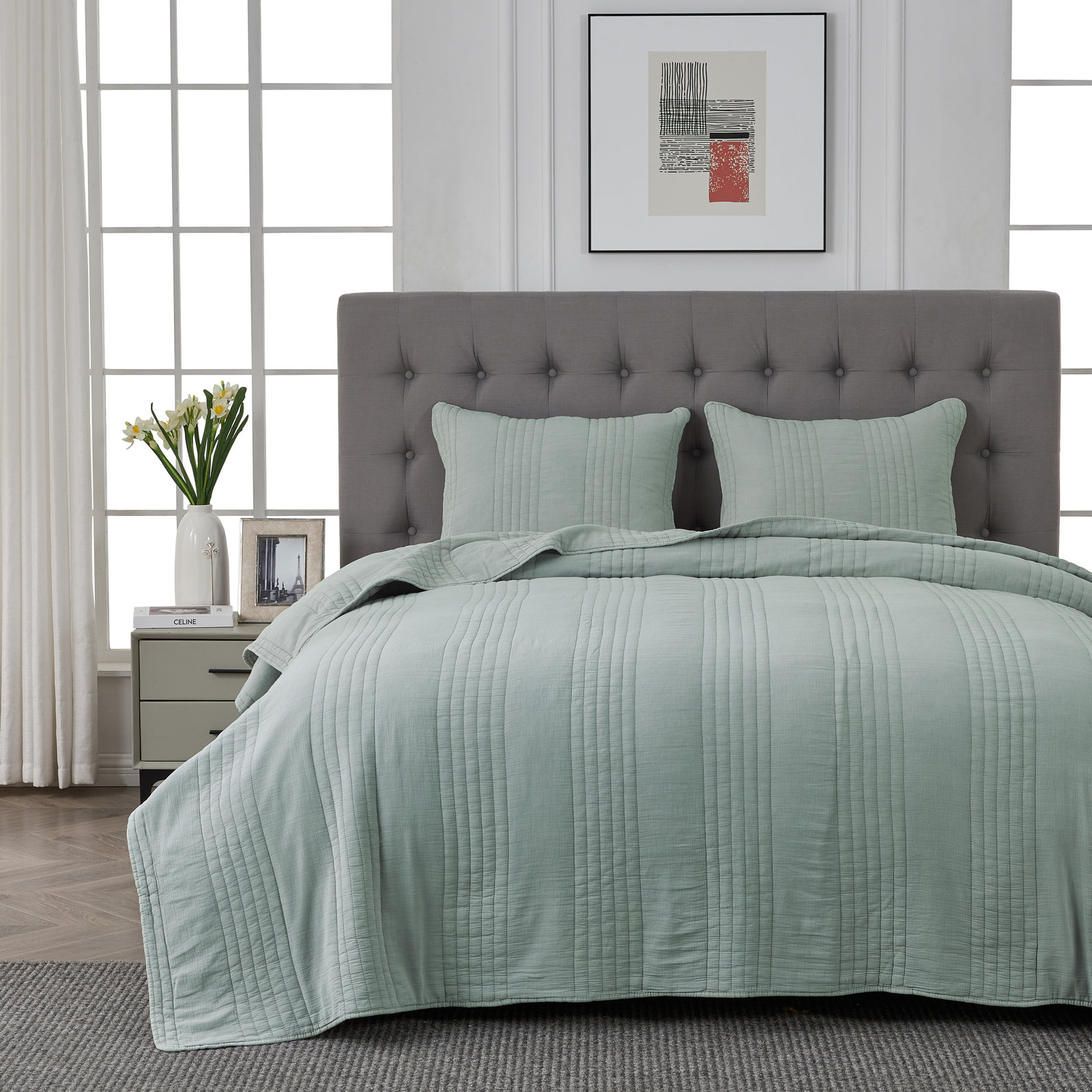 Cotton Quilt Set, Twin Quilt + 1 Standard Sham, Canary Green