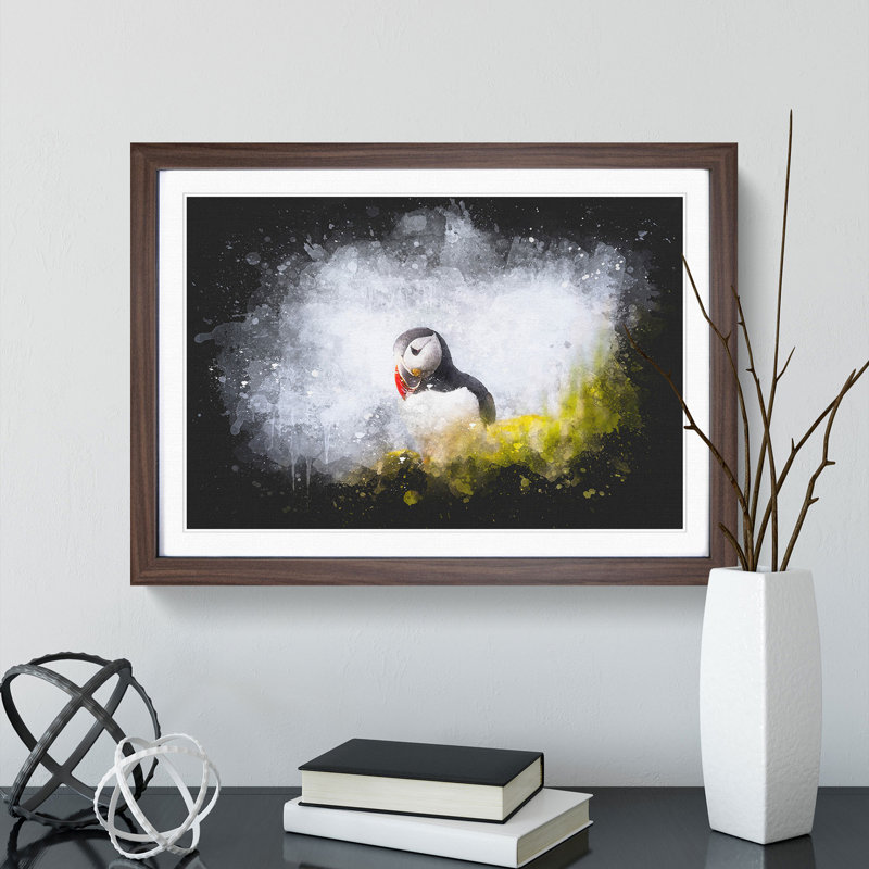 Lone Atlantic Puffin Paint Splash - Picture Frame Graphic Art, Walnut Framed, 45cm H x 63cm W x 2cm D