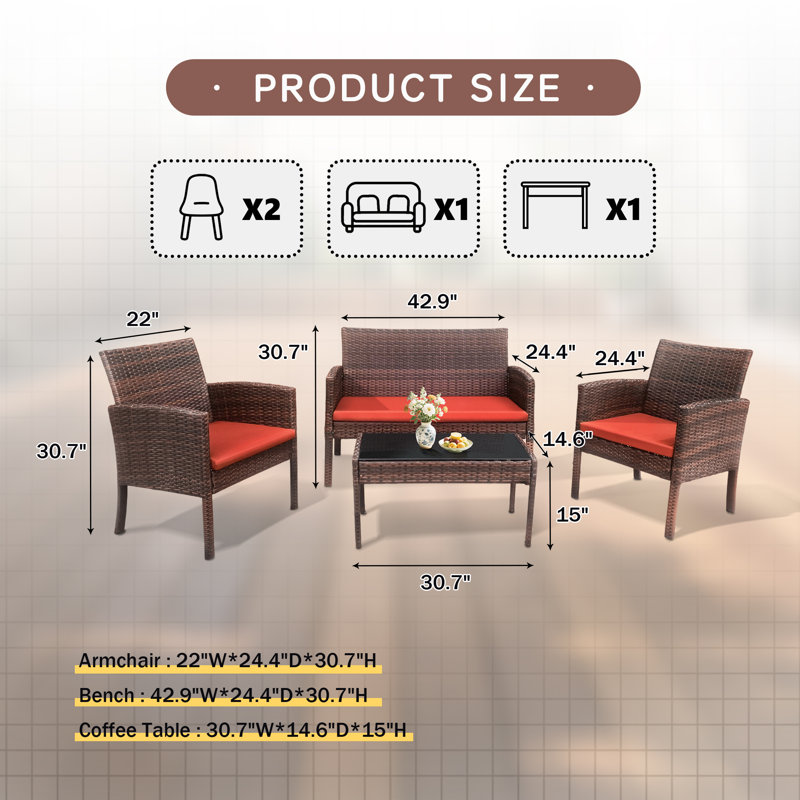  4-Piece Outdoor Patio Furniture Set, High Back Rattan Chair Wicker Set With Cushions And Tempered Glass Table