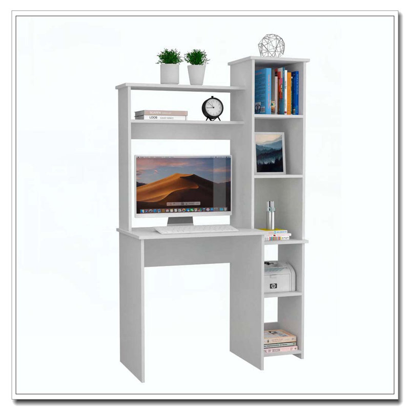 Bureau d'écriture blanc à 6 tablettes avec bibliothèque intégrée, Blanc