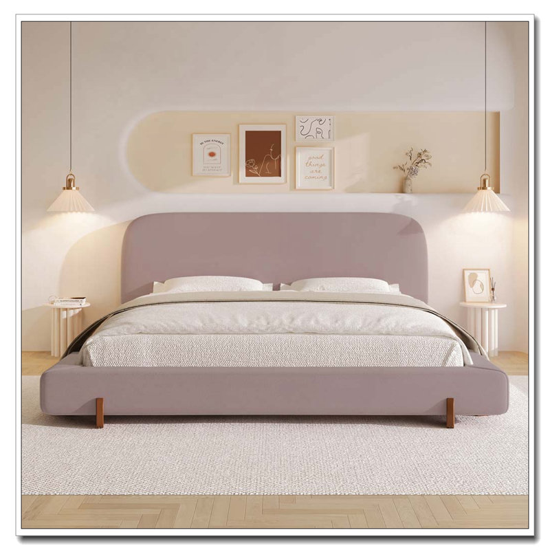 Solid Wood Legs Upholstered Bed Frame, Pink Velvet, King