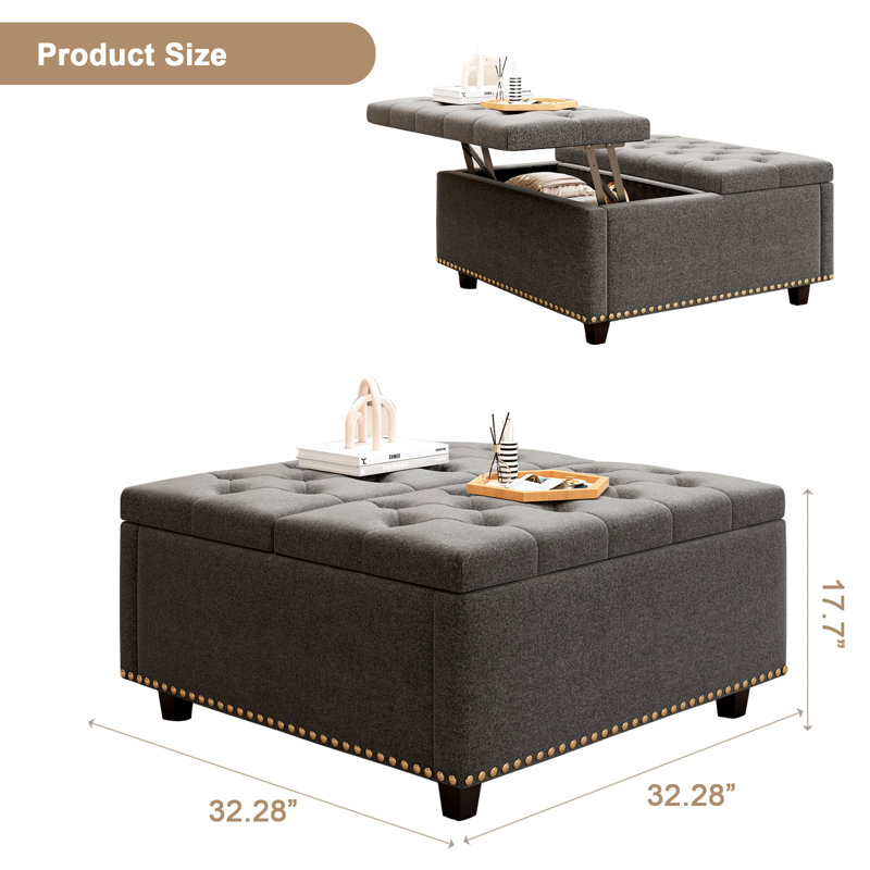 Table basse carrée rembourrée avec repose-pieds et grand rangement, Gris foncé