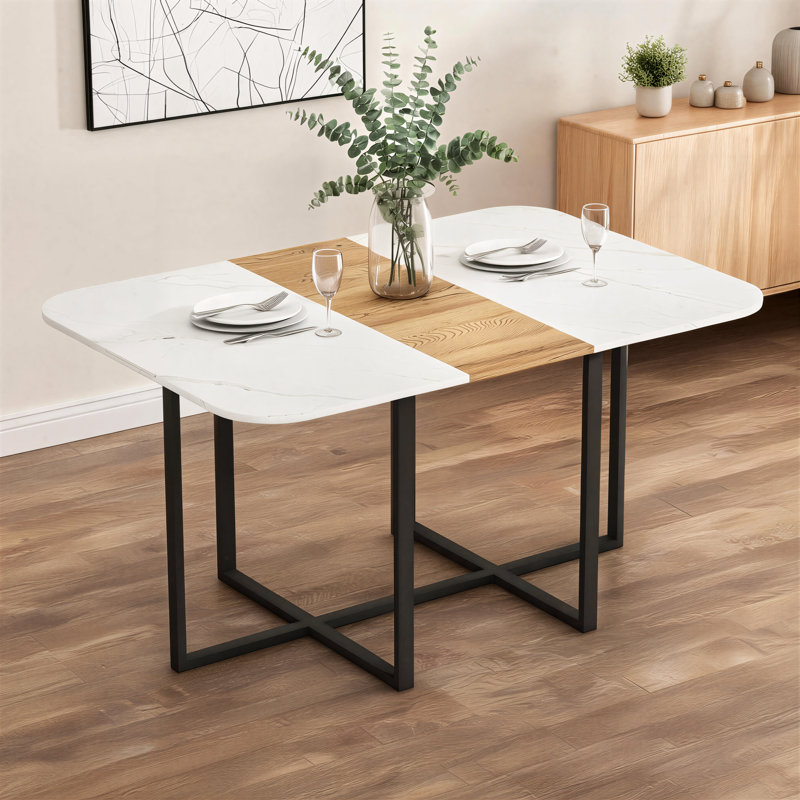 Modern 4-6 Person Dining Table, Marble-Look Wood-Grain Tabletop, Black Metal Frame, Suitable For Both Kitchen And Dining Room Use.