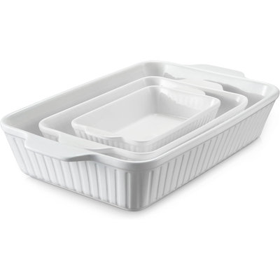 3 Pack Ceramic Rectangular Casserole Dishes with Handles, Deep Lasagna Baking Pans, Oven Safe Bakeware, Soft White, 15.6"/12.2"/8.9"