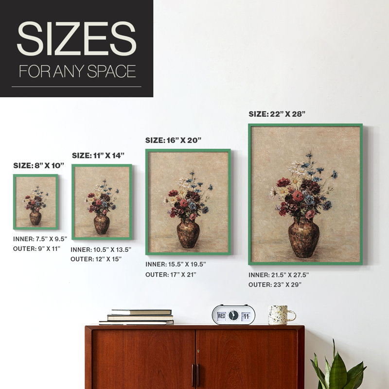 Reproduction florale vintage avec encadrement ccclv - bois massif, Vert, H 11 po x l 9 po