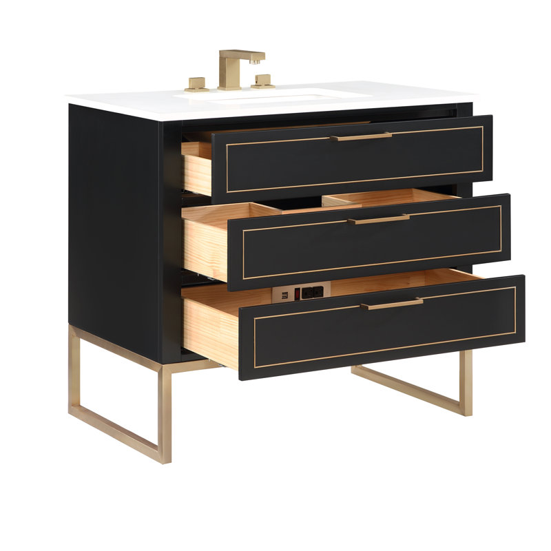 Ensemble de meuble-lavabo simple 36 po Markham, Nuit noire, Quartz blanc, Laiton satiné
