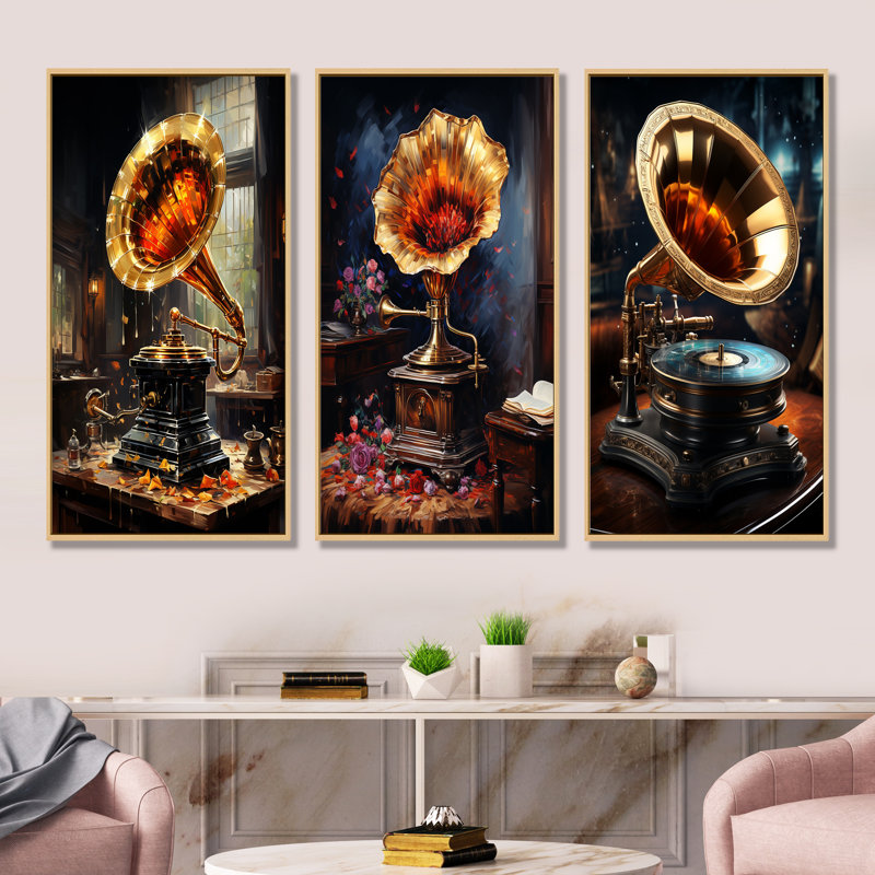 «Gold Phonographs Elegance I», ensemble de 3 reproductions d'art sur toile, Cadre flottant brun, H 28 po x l 36 po