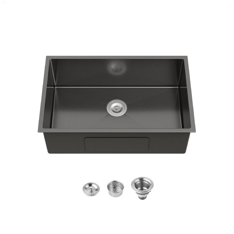 Évier de cuisine en acier inoxydable, cuve simple 30 po x 19 po, encastré à la main en noir, avec bonde et crochet standards américains