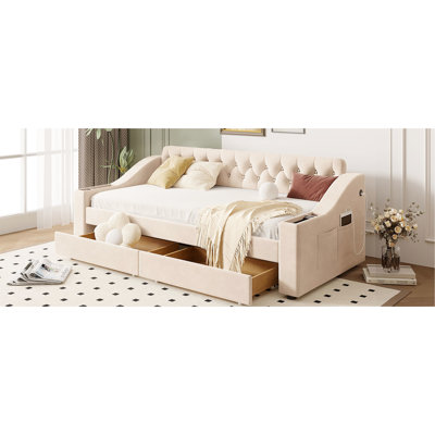 Lit de jour simple beige avec rangement et accoudoirs, unité rembourrée
