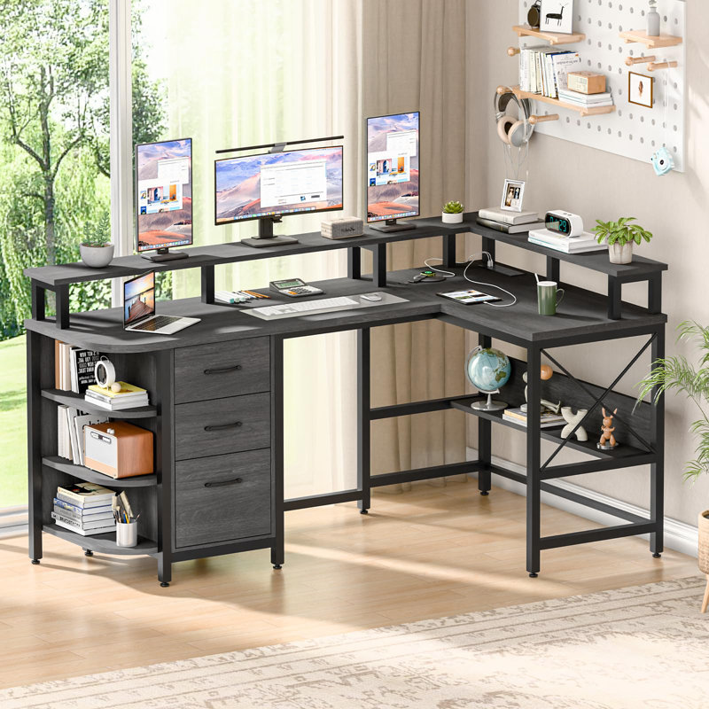 67" L Shaped Computer Desk With LED Lights And Power Outlets, Grey