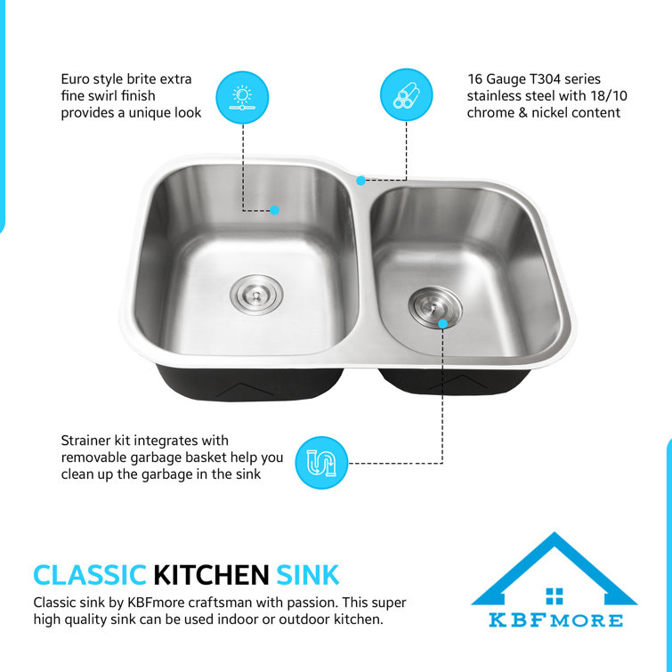 KBFmore 32 Inch Double 40/60 Unequal Bowl 16 Gauge Kitchen Sink with 5  Pieces Sink Accessories