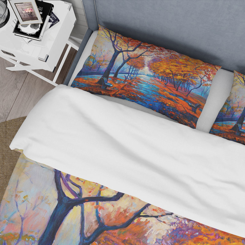 Petite route à travers le paysage d'automne orange III - ensemble de housse de couette traditionnel - microfibre de polyester