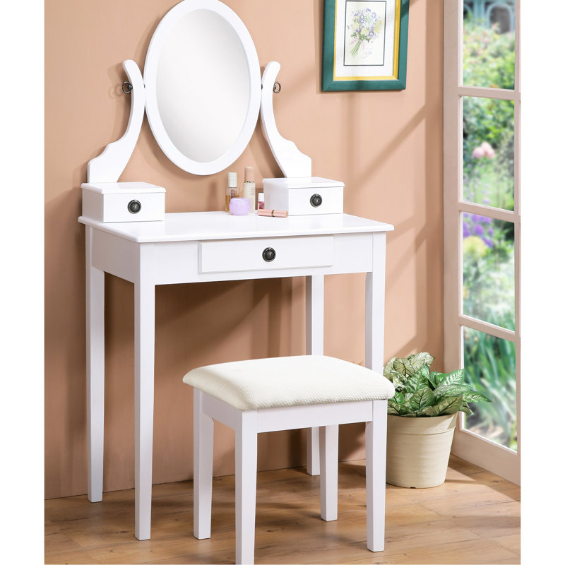 Élégante coiffeuse en bois blanc avec tabouret rembourré avec 3 tiroirs et coiffeuse miroir avec rangement en bois, Blanc