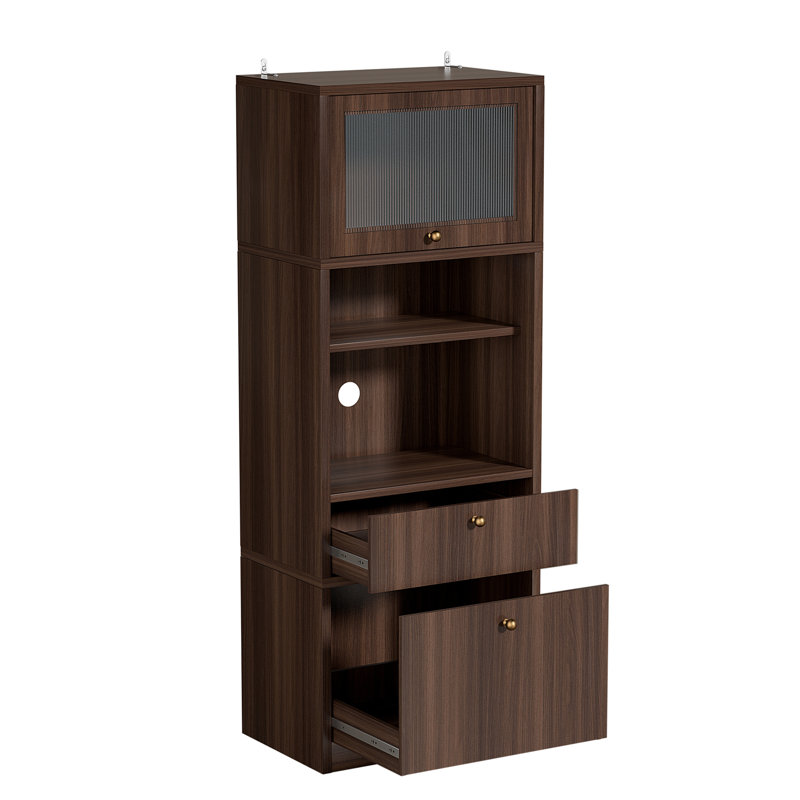 Armoire de rangement autoportante haute de 71 pouces avec portes et tablettes, tablettes réglables, tiroir et ensemble anti-basculement, bois de qualité E1, noyer pour garde-manger, armoire de rangement pour salle de bain