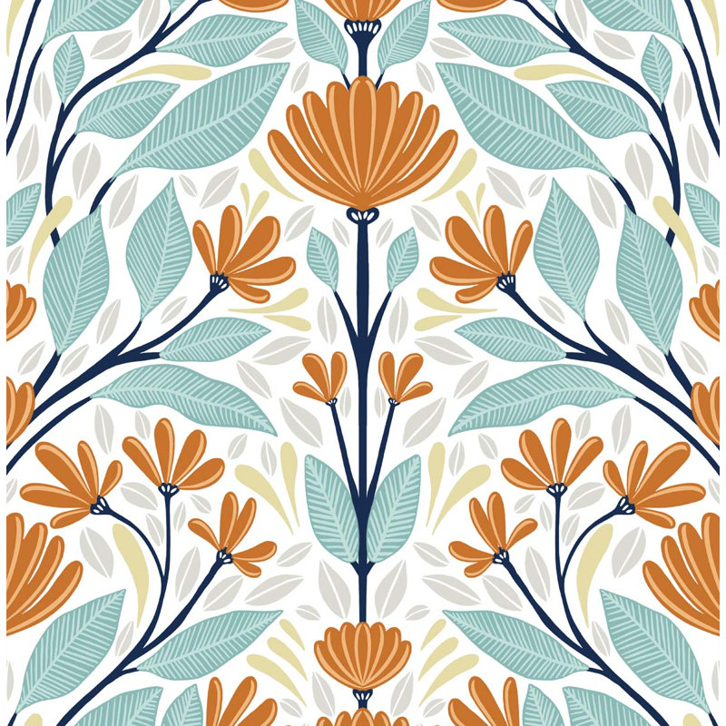 Rouleau de papier peint adhésif Ajang Wheat Folk L 18 pi x l 20,5 po, Vert-de-gris / orange