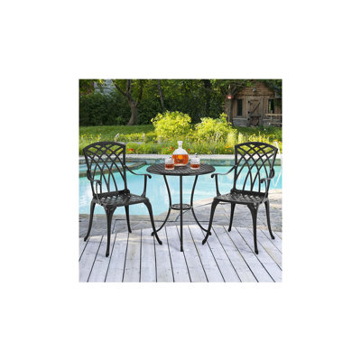 Ensemble de patio d'extérieur en fonte d'aluminium - Table et chaises avec trou pour parasol, noir
