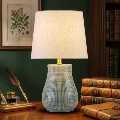 19.25" Green Ceramic Table Lamp With Textured Base & Linen Shade