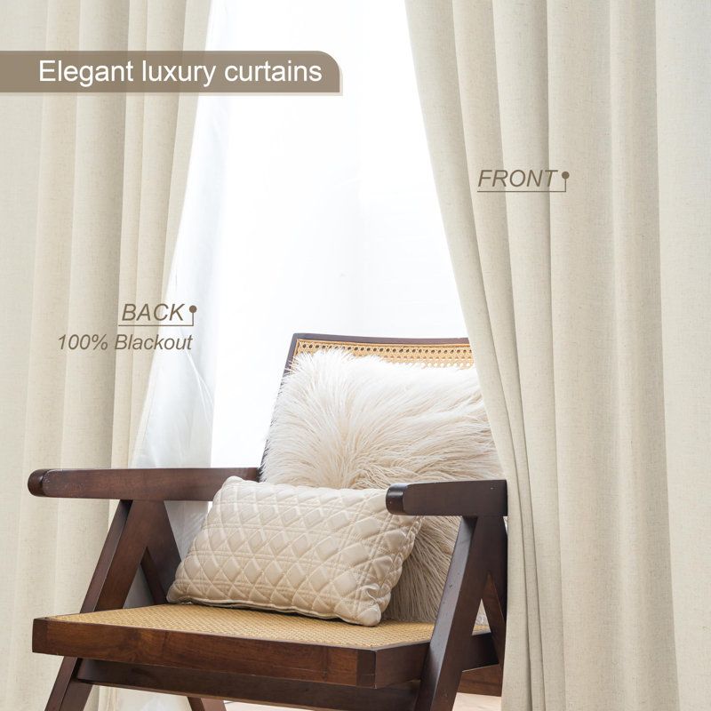 Goffredo 100% Blackout Natural Linen Curtains for Bedroom  Double Layer Drape Farmhouse Thermal Insulated Rod Pocket Back Tab Full Light Blocking 2 Panels for Living Room Nursery
