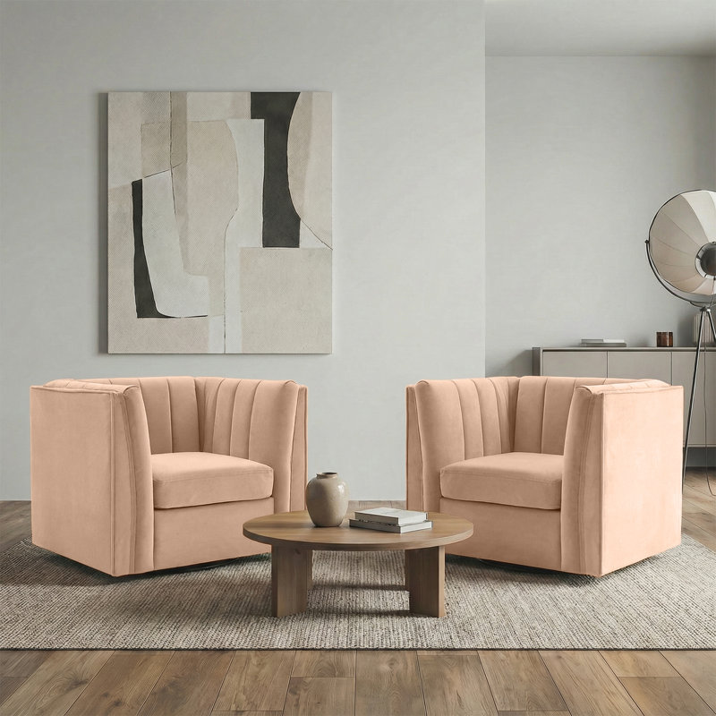35.4'' Wide Upholstered Swivel Chair, Beige Chenille