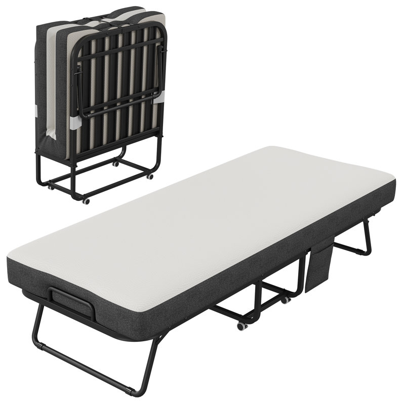 Lit d'invité pliant extra large avec matelas en mousse à mémoire de forme de 12 cm - Structure en métal robuste, capacité de 200 kg, portable avec roues, 75 x 31 pouces