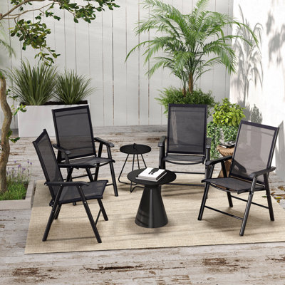 Set Of 4 Patio Folding Chairs, Stackable Outdoor Sling Patio Dining Chairs With Armrests For Lawn, Camping, Dining, Beach, Metal Frame, No Assembly, Black