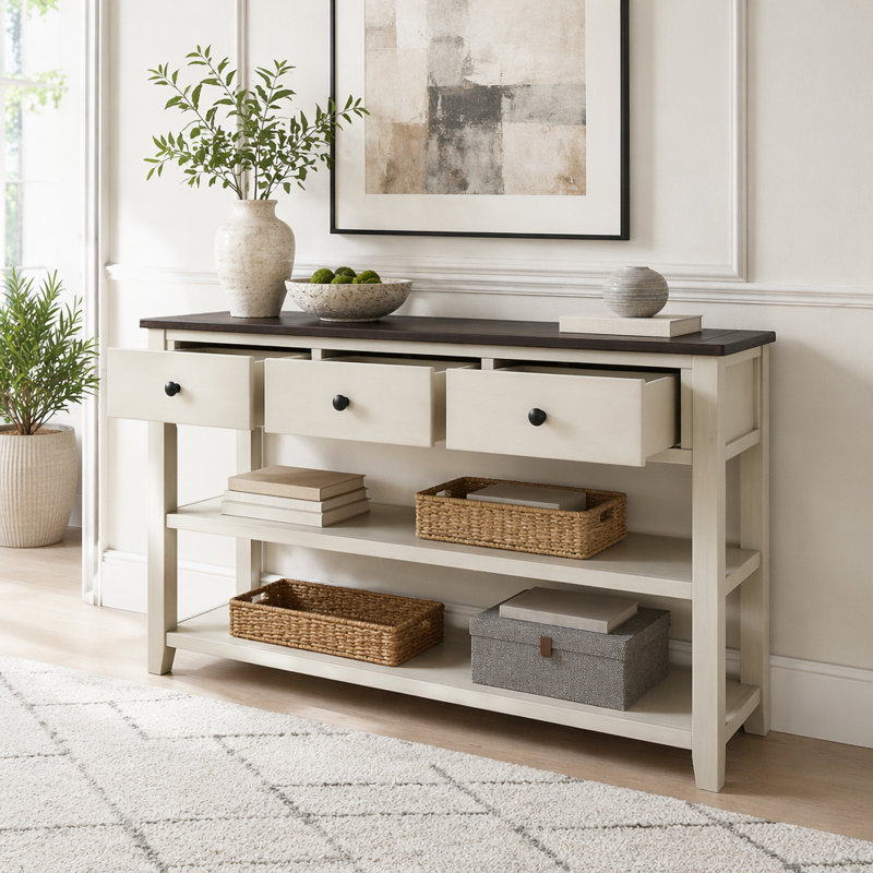 Console rétro avec trois tiroirs et deux tablettes ouvertes, Beige, espresso