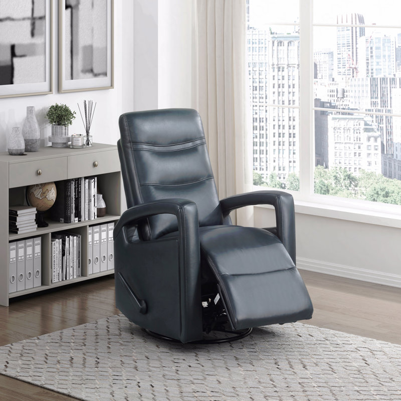 Navy Blue Faux Leather Swivel Glider Recliner - Open Arm Design, Plush Comfort, Living Room Furniture