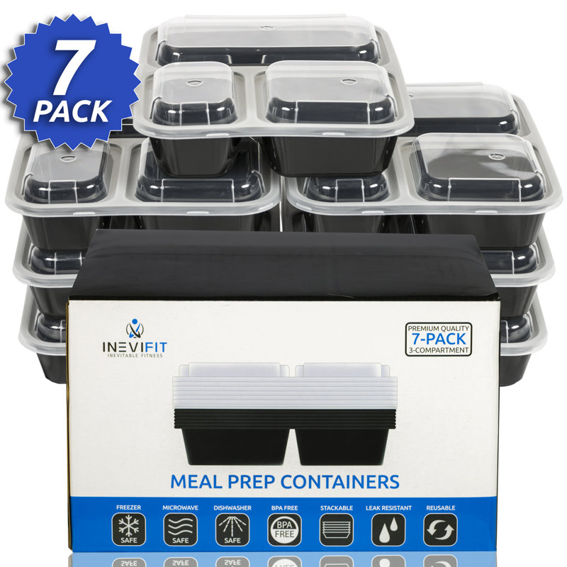 Préparation des repas INEVIFIT 3 compartiments sans BPA, contenants pour aliments de qualité supérieure, durables et réutilisables, paquet de 7 onces empilables de 36 onces, microwaveable et Va au lave-vaisselle, boîte à lunch Bento résistant aux f