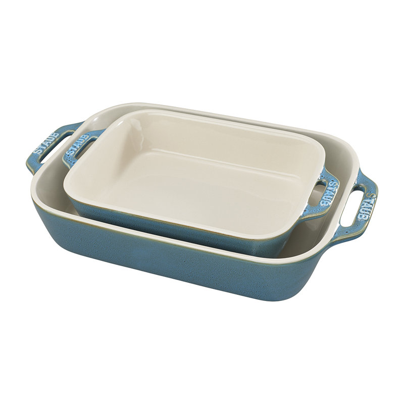 Ceramique Rectangular Baking Dish Set 2 Piece, Rustic Turquoise