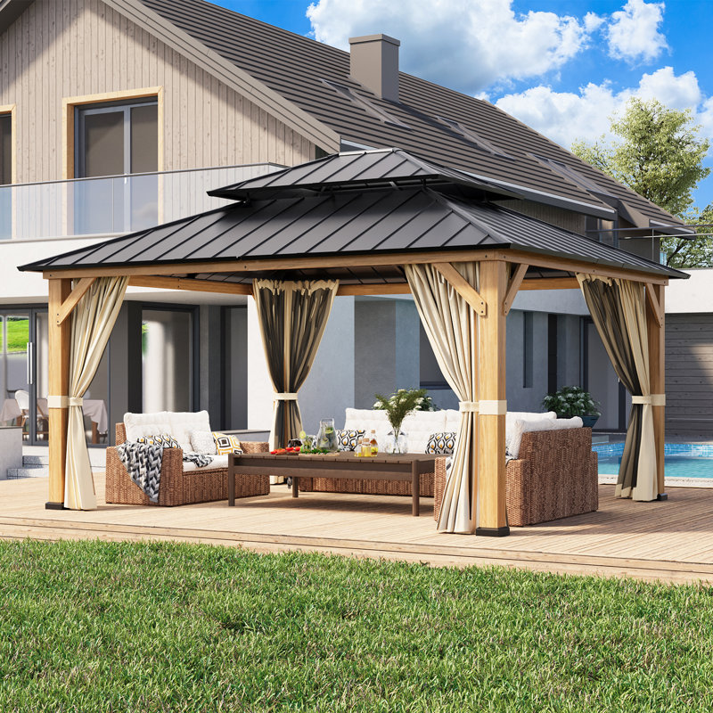 15 Ft. W x 13 Ft. D Solid Wood Patio Gazebo with Netting and Curtains