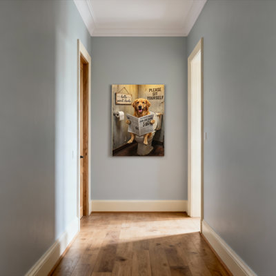 Chien lisant un journal sur une toile tendue sur toile, reproduction d'art sur toile avec signe humoristique de salle de bain et style rétro pour la décoration intérieure