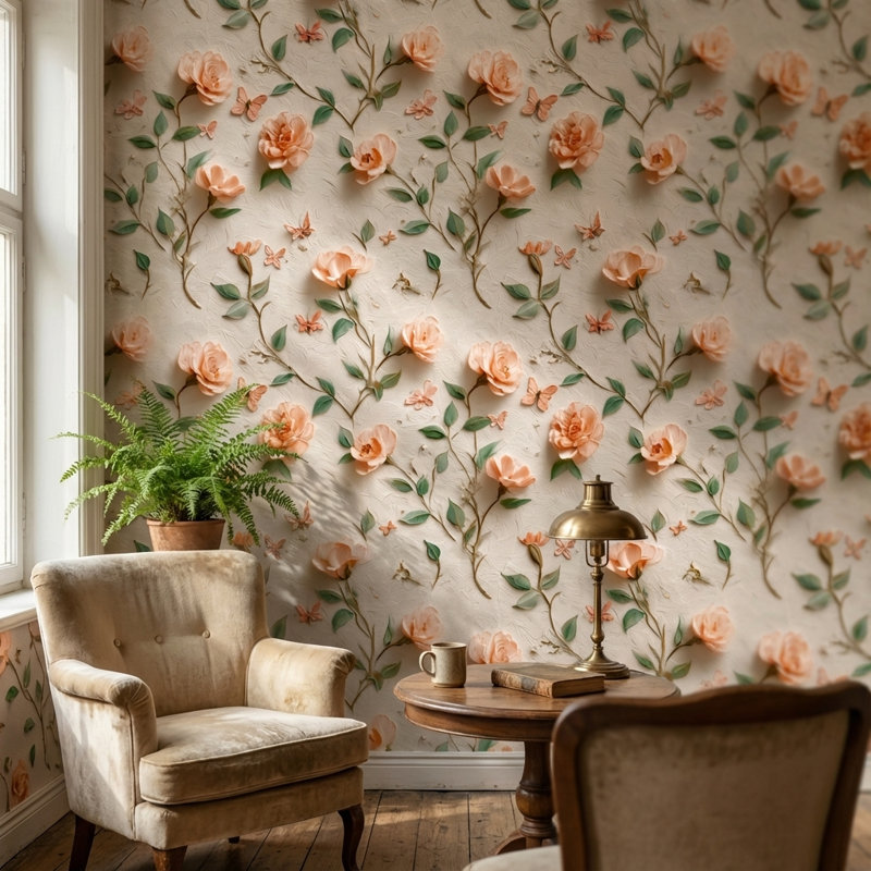 Papier peint floral rétro avec papillons