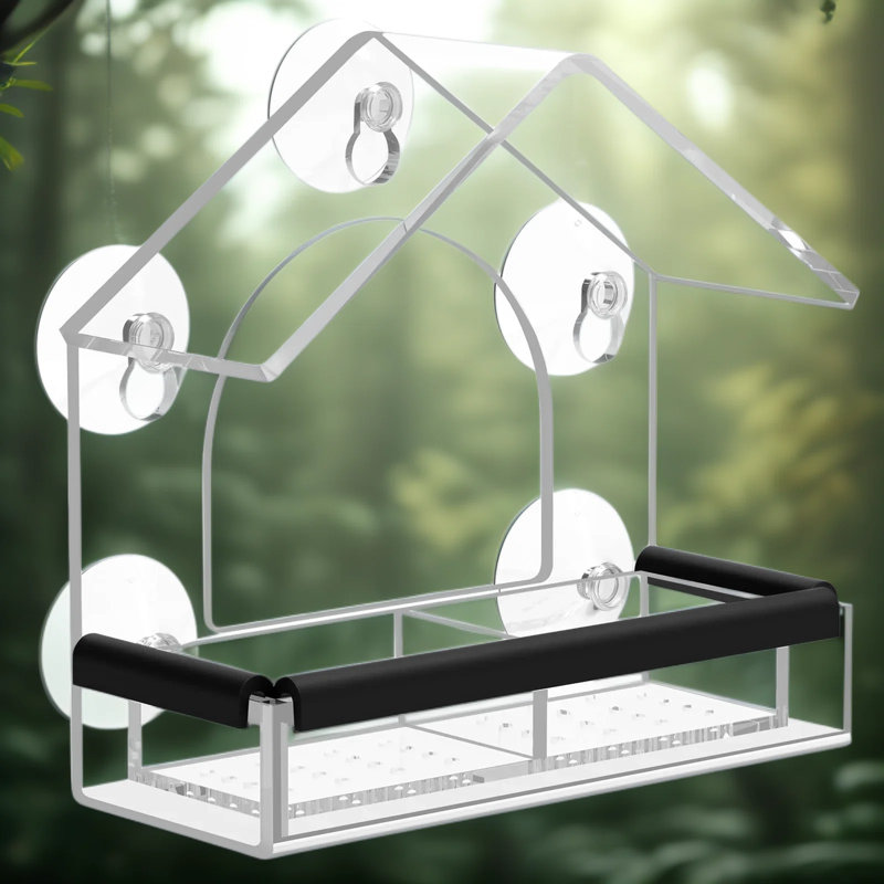 Mangeoire pour fenêtre transparente en acrylique transparent avec 5 ventouses extra robustes, plateau à graines amovible pour un nettoyage facile, cadeau d'observation des oiseaux pour l'extérieur et le jardin